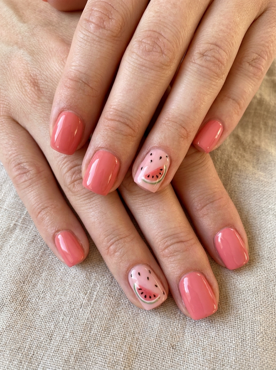 Watermelon Accent Square Nails